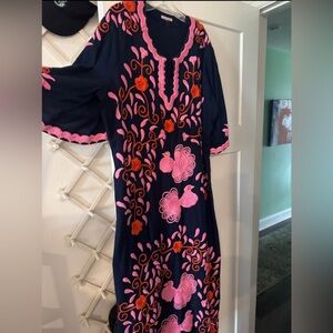 Frances Valentine Navy Peacock Caftan with Pink Embroidery
